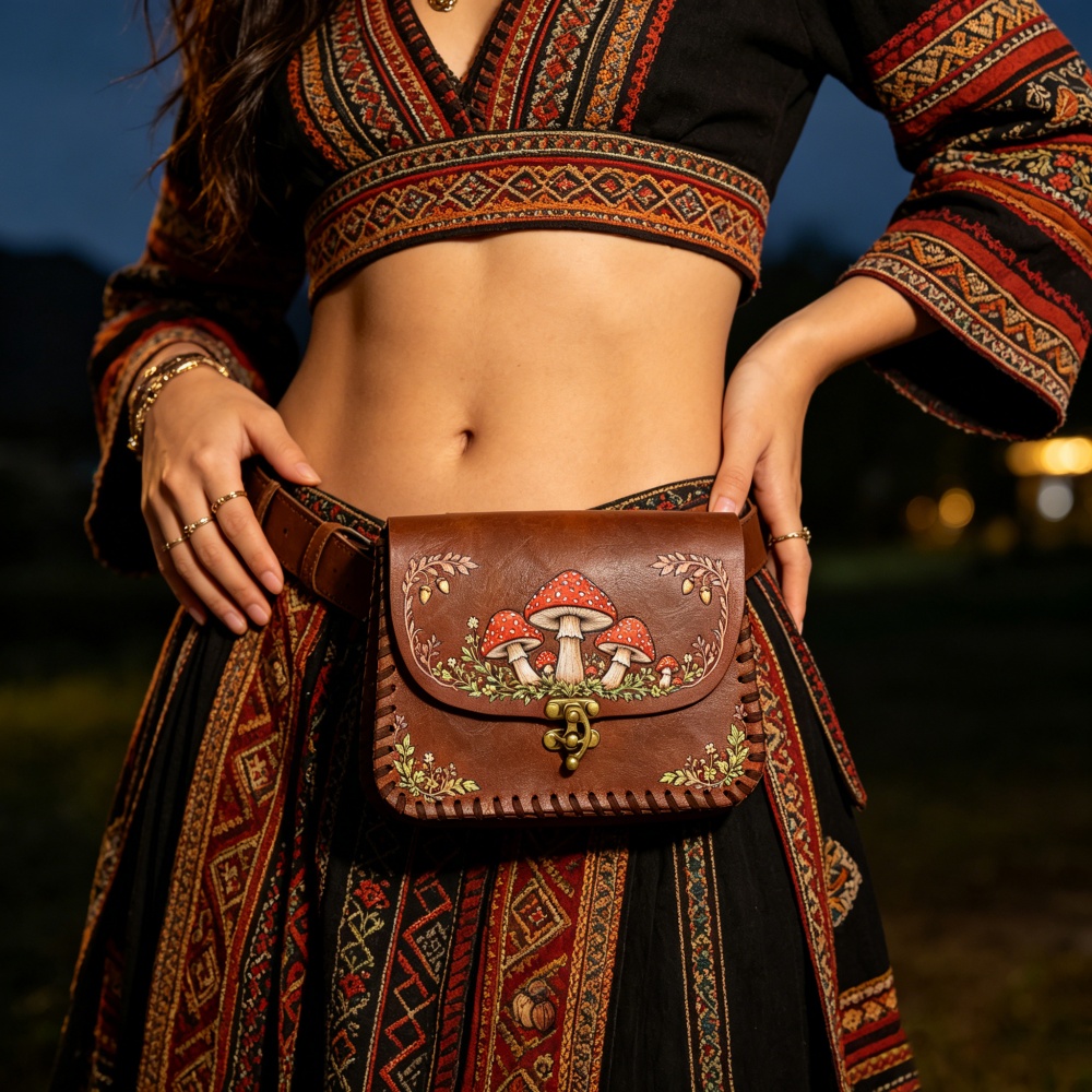 Belt Bag Leather Wide - 1 Piece Red Mushroom Print PU